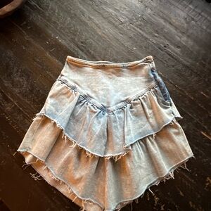 MOTHER Light Blue Tiered Ruffle Denim Mini Skirt